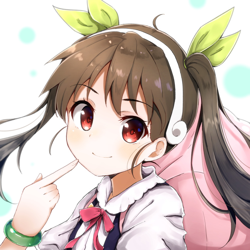 1girl ahoge backpack bag bakemonogatari bangle blush bow bowtie bracelet brown_hair closed_mouth commentary_request fingernails green_ribbon hachikuji_mayoi hair_ribbon hairband head_tilt highres himemiya_shuang jewelry long_hair looking_at_viewer monogatari_(series) pink_neckwear pointing pointing_at_self red_eyes ribbon shirt smile solo suspenders twintails white_hairband white_shirt