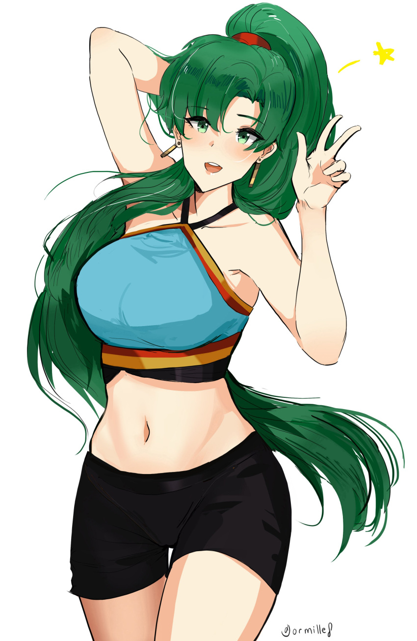 1girl absurdres blush breasts dotentity fire_emblem fire_emblem:_rekka_no_ken fire_emblem_heroes fire_emblem_musou gloves green_eyes green_hair high_ponytail highres jewelry large_breasts long_hair looking_at_viewer lyndis_(fire_emblem) navel ponytail shorts smile solo sports_bra underwear very_long_hair