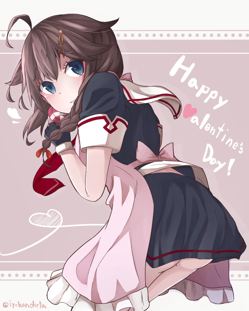 1girl ahoge apron bangs black_gloves black_serafuku black_shirt black_skirt blue_eyes blush braid brown_background brown_hair closed_mouth commentary_request eyebrows_visible_through_hair fingerless_gloves gift gloves hair_between_eyes hair_flaps hair_ornament happy_valentine heart heart-shaped_box highres holding holding_gift kantai_collection leaning_forward long_hair looking_at_viewer looking_back necktie okota_mikan pink_apron pleated_skirt red_neckwear remodel_(kantai_collection) school_uniform serafuku shigure_(kantai_collection) shirt short_sleeves side_braid single_braid skirt solo twitter_username valentine