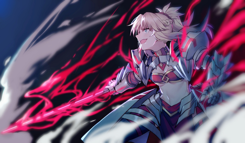 1girl absurdres armor aura bandaid bangs blonde_hair blue_eyes braid breasts dutch_angle fang fate/grand_order fate_(series) gauntlets hair_ornament hair_scrunchie highres holding holding_sword holding_weapon looking_away mordred_(fate) mordred_(fate)_(all) navel open_mouth outstretched_arm ponytail profile red_bandeau red_scrunchie red_skirt scrunchie sidelocks skirt small_breasts solo sword weapon yorukun