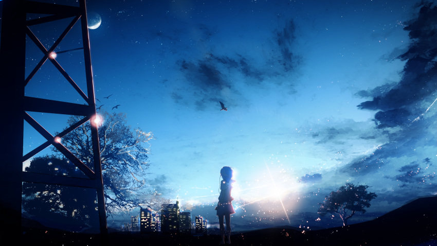 1girl bird blue boots building city clouds commentary_request day earplugs from_behind highres light_rays original outdoors pantyhose scenery short_hair short_sleeves skirt sky solo standing star_(sky) starry_sky sunrise transmission_tower tree y_y_(ysk_ygc)