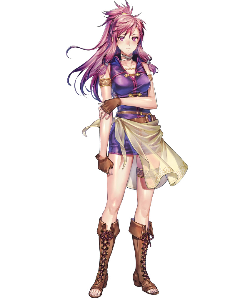 1girl armlet artist_request bangs boots breasts clenched_hand collarbone cross-laced_footwear dress fingerless_gloves fire_emblem fire_emblem:_seima_no_kouseki fire_emblem_heroes full_body gloves highres knee_boots lace-up_boots long_hair looking_at_viewer marica_(fire_emblem) medium_breasts official_art open_toe_shoes ponytail purple_hair see-through short_dress sleeveless solo thigh_strap transparent_background violet_eyes