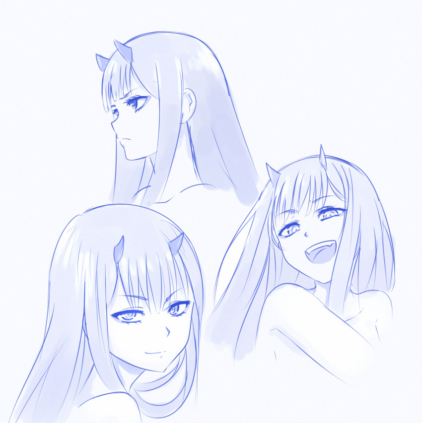 1girl :d bad_id blue blue_background closed_mouth darling_in_the_franxx expressions eyebrows_visible_through_hair fangs from_side highres horns long_hair looking_at_viewer monochrome multiple_views nude open_mouth simple_background smile upper_body v-shaped_eyebrows viperxtr zero_two_(darling_in_the_franxx)