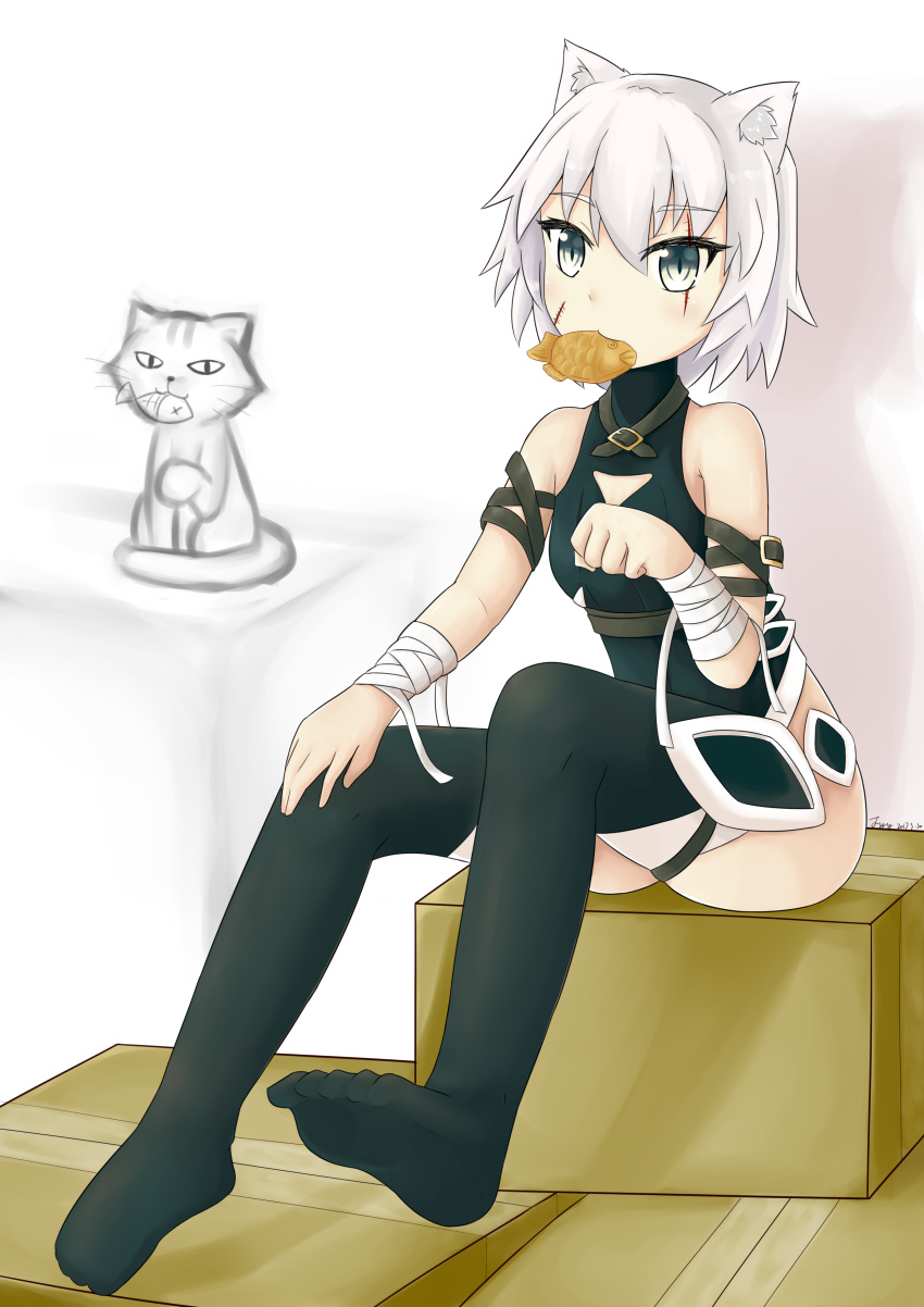 1girl absurdres animal arm_belt bandage bandaged_arm bangs bare_shoulders belt_buckle black_legwear black_shirt blush box breasts brown_belt buckle cardboard_box cat closed_mouth commentary_request dated eyebrows_visible_through_hair fate/grand_order fate_(series) feiyyx food food_in_mouth grey_eyes hair_between_eyes hand_on_leg highres jack_the_ripper_(fate/apocrypha) mouth_hold no_shoes on_box paw_pose scar scar_across_eye scar_on_cheek shirt short_hair signature sitting sleeveless sleeveless_shirt small_breasts solo taiyaki thigh-highs wagashi