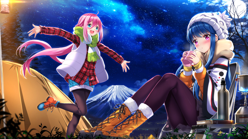 2girls :d :o ahoge bare_tree beanie beige_scarf black_legwear black_skirt blue_eyes blue_hair blue_shorts blush book boots bottle camping chair clouds commentary_request cross-laced_footwear fringe full_moon fur-trimmed_boots fur_trim green_scarf hat highres holding_mug jacket kagamihara_nadeshiko lace-up_boots lantern long_hair long_sleeves low_twintails moon mountain multiple_girls night night_sky open_mouth orange_footwear orange_jacket outdoor_stove outdoors outstretched_arms pantyhose parted_lips pink_hair plaid plaid_shirt pleated_skirt pot red_shirt scarf shima_rin shirt short_shorts shorts sitting skirt sky smile spread_arms standing standing_on_one_leg star_(sky) starry_sky striped striped_scarf swordsouls table tent tree twintails two-handed upper_teeth very_long_hair vest violet_eyes wallpaper white_hat white_vest yurucamp