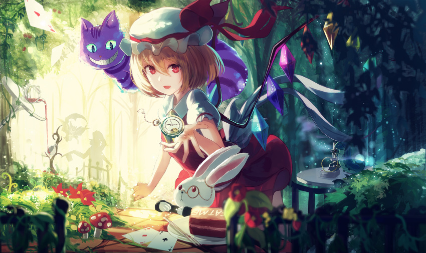 1girl alice_in_wonderland blonde_hair cake card caterpillar_(wonderland) cheshire_cat chocolate_cake club_(shape) cup day diamond_(shape) flandre_scarlet fly_agaric food grin hair_between_eyes hat hat_ribbon heart looking_at_viewer mad_hatter mob_cap monocle mushroom nakaichi_(ridil) outdoors playing_card pocket_watch pouring puffy_short_sleeves puffy_sleeves rabbit red_eyes red_ribbon red_skirt ribbon sharp_teeth short_sleeves skirt smile solo striped table tea teacup teapot teeth touhou watch white_hat white_rabbit