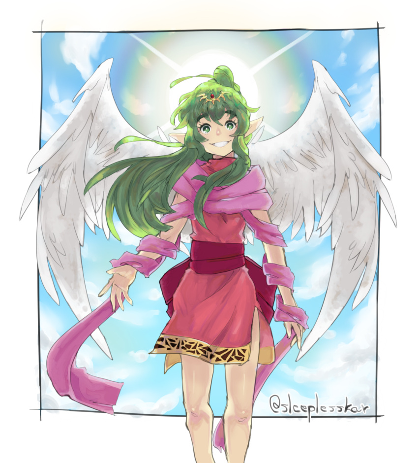 1girl blush cape chiki clouds downscaled dress fire_emblem fire_emblem:_mystery_of_the_emblem green_eyes green_hair hair_ornament highres jewelry long_hair looking_at_viewer mamkute md5_mismatch pointy_ears ponytail resized ribbon sky sleeplesskar smile solo sunlight tiara wings