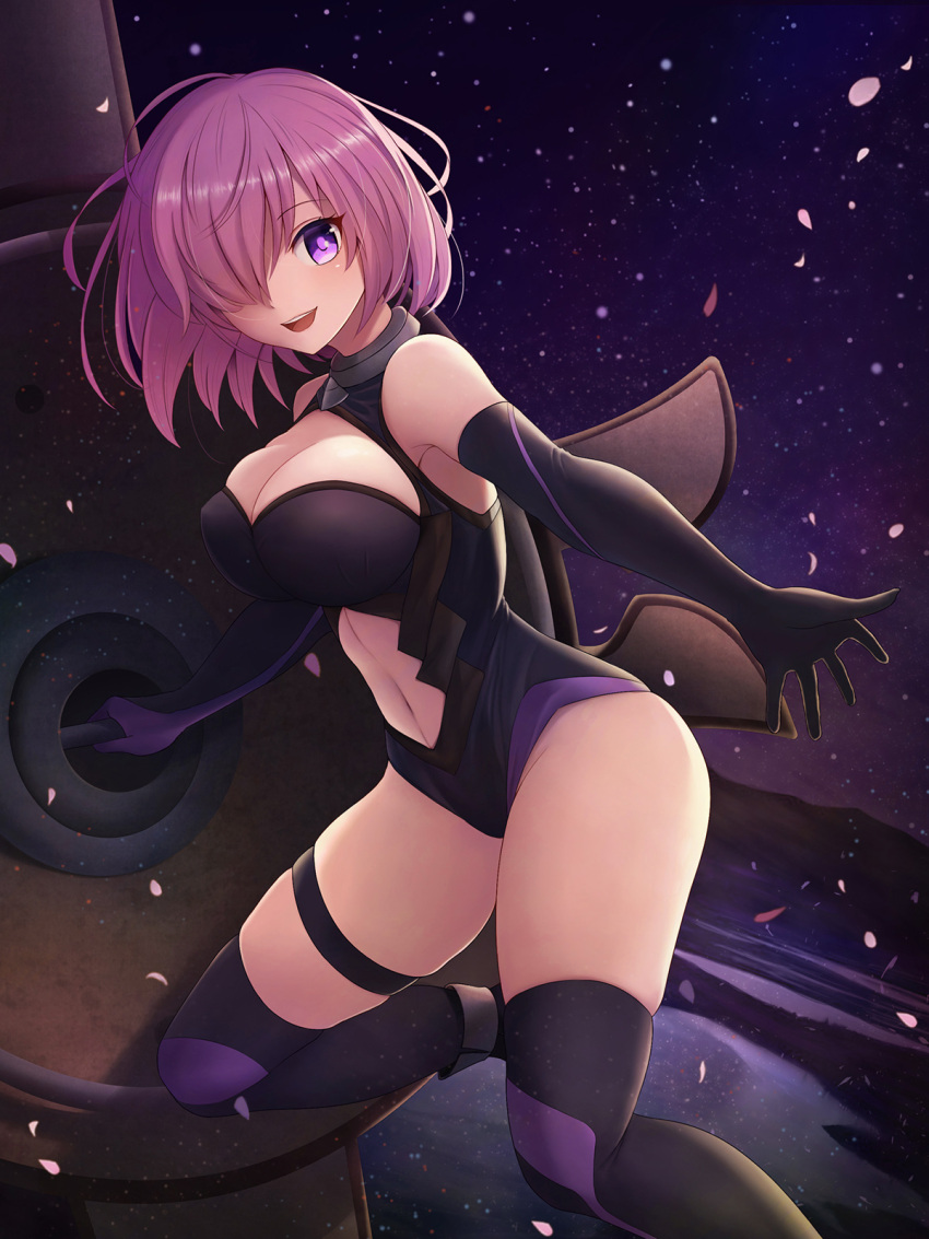 1girl :d black_gloves black_legwear black_leotard breasts cherry_blossoms cleavage elbow_gloves eyebrows_visible_through_hair fate/grand_order fate_(series) fou_zi gloves groin hair_over_one_eye highres holding_shield large_breasts leotard long_hair mash_kyrielight navel navel_cutout night open_mouth pink_hair shield shielder_(fate/grand_order) sky smile solo star_(sky) starry_sky thigh-highs thigh_strap violet_eyes