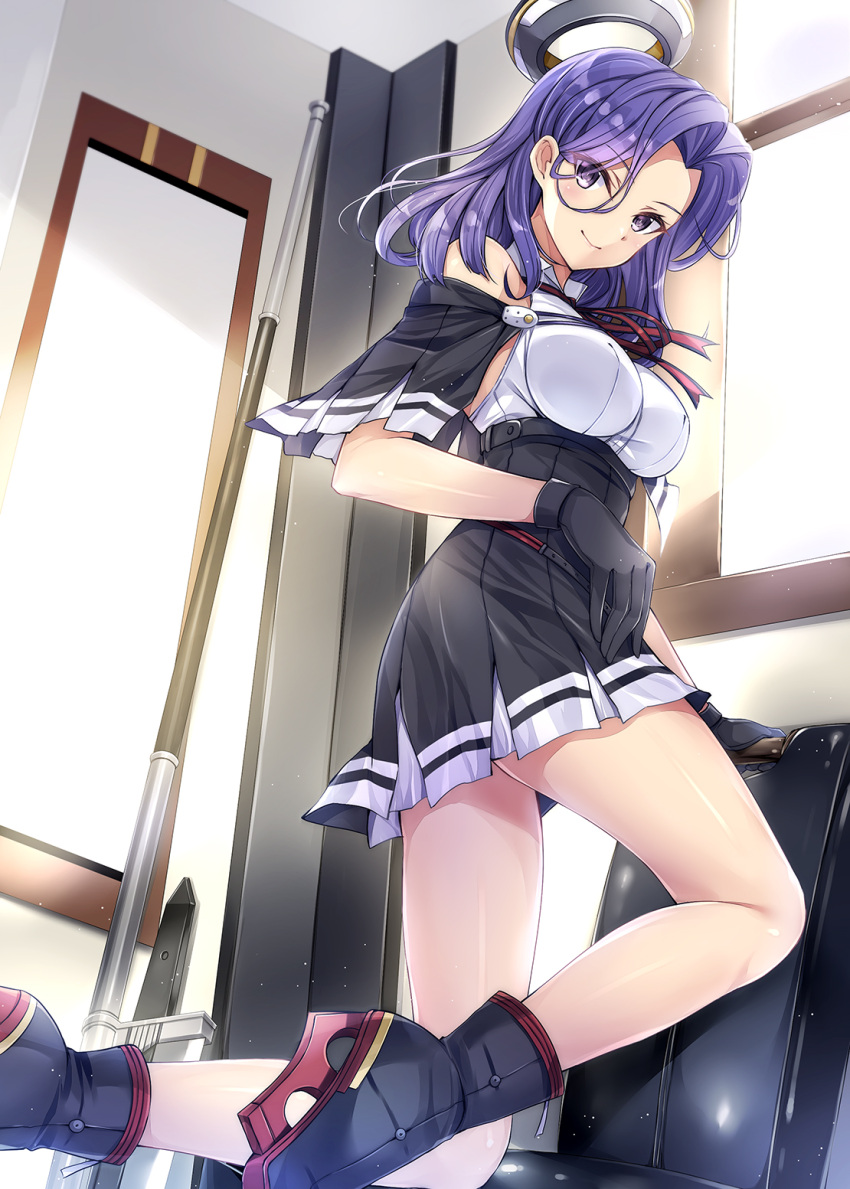 1girl bare_shoulders black_dress boots breasts chair closed_mouth dress from_below glaive hand_on_hips highres indoors kantai_collection kobayashi_chisato large_breasts long_hair looking_at_viewer mechanical_halo pleated_dress purple_hair remodel_(kantai_collection) smile solo standing tatsuta_(kantai_collection) violet_eyes window