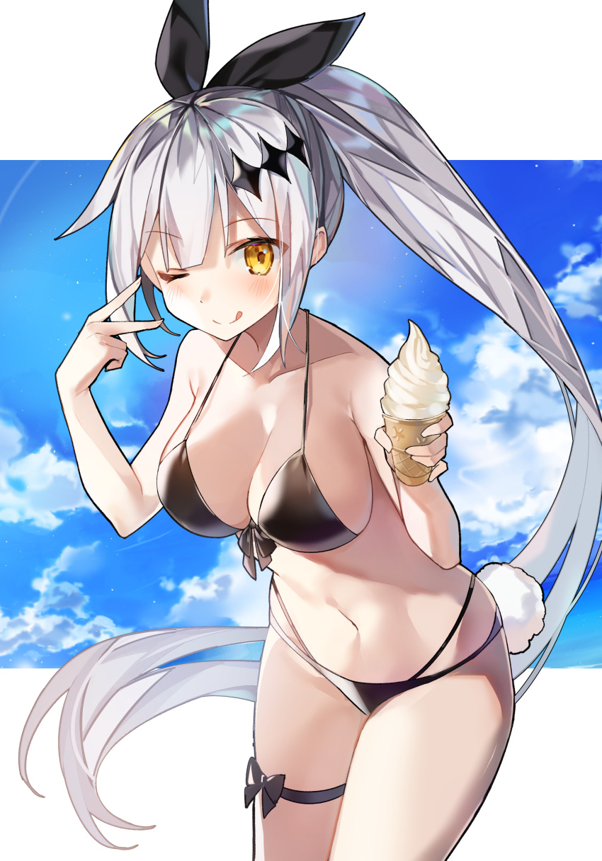 1girl ;q absurdres bangs bikini black_bikini breasts brown_eyes bunny_tail cleavage collarbone cowboy_shot eyebrows_visible_through_hair eyes_visible_through_hair five-seven_(girls_frontline) food girls_frontline hair_between_eyes hair_ornament highleg highleg_bikini highres holding ice_cream ice_cream_cone kurut large_breasts leaning_forward light_particles long_hair looking_at_viewer one_eye_closed ponytail silver_hair smile solo swimsuit tail thigh_strap tongue tongue_out v very_long_hair