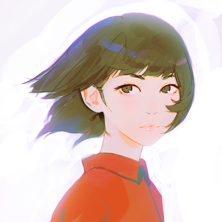 1girl black_eyes black_hair close-up closed_mouth face ilya_kuvshinov looking_at_viewer original profile short_hair simple_background solo wind