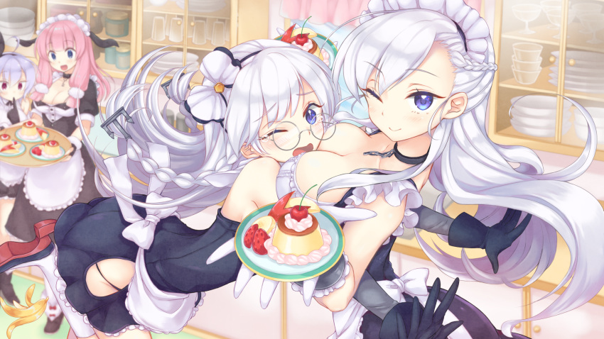 4girls ahoge anchor_hair_ornament apple_slice apron azur_lane belfast_(azur_lane) between_breasts black_gloves blue_eyes blush bow braid breasts chains cherry cleavage collar edinburgh_(azur_lane) eyebrows_visible_through_hair finger_to_mouth food frilled_skirt frills fruit glasses gloves hair_bow hair_ornament head_between_breasts highres ka022k2 kent_(azur_lane) large_breasts lavender_hair long_hair looking_at_viewer maid maid_apron maid_headdress multiple_girls one_eye_closed open_mouth pink_hair pudding red_eyes silver_hair skirt strawberry suffolk_(azur_lane) tears tray whipped_cream white_gloves