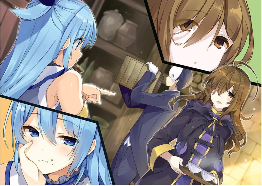 1boy 2girls ahoge aqua_(konosuba) blue_eyes blue_hair breasts brown_hair gloves hair_ornament hair_rings kono_subarashii_sekai_ni_shukufuku_wo! large_breasts long_hair mask mishima_kurone multiple_girls official_art open_mouth smile tea vanir wiz_(konosuba)