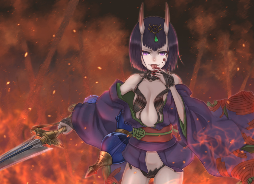 absurdres arm_up bikini_top black_hair black_panties blood blood_on_face bloody_hands bridal_gauntlets fang fate/grand_order fate_(series) finger_licking fire flat_chest gem gourd hair_ornament hand_to_own_mouth highres holding horns japanese_clothes kimono licking licking_blood obi off_shoulder oni oni_horns open_clothes open_kimono open_mouth outstretched_arm panties purple_kimono sash short_hair shuten_douji_(fate/grand_order) slit_pupils smile sword tongue tongue_out underwear violet_eyes weapon yasu_(segawahiroyasu)