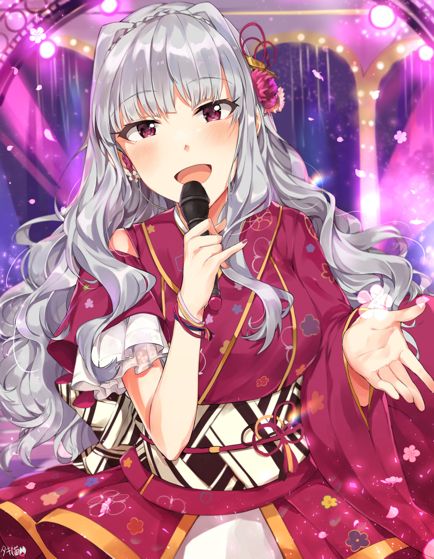 1girl :d absurdres bangs blunt_bangs blush commentary_request earphones earphones earrings eyebrows_visible_through_hair fingernails floral_print flower hair_flower hair_ornament hand_up highres holding idolmaster idolmaster_(classic) japanese_clothes jewelry kimono light_particles long_hair looking_at_viewer microphone music nail_polish obi open_mouth petals pinky_out purple_kimono purple_nails sash shijou_takane silver_hair singing smile solo spotlight tuxedo_de_cat upper_body violet_eyes wristband