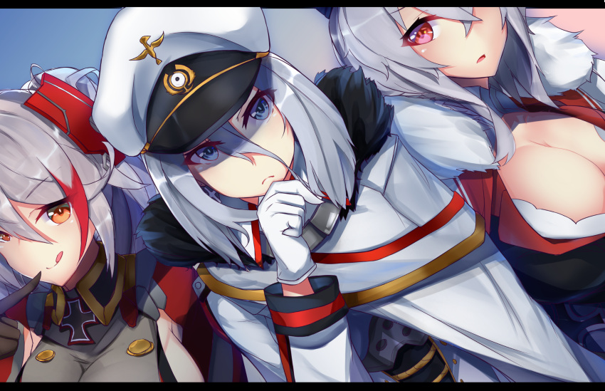 3girls :q aiguillette armpit_cutout azur_lane bangs black_gloves blue_eyes blush bra breasts cape cleavage closed_mouth collarbone crossed_bangs earrings expressionless eyebrows_visible_through_hair eyes_visible_through_hair fur-trimmed_cape fur_trim gloves graf_zeppelin_(azur_lane) hair_between_eyes hand_on_own_chin hat headgear highres iron_cross jacket jewelry large_breasts long_hair looking_at_viewer looking_away military military_uniform multicolored_hair multiple_girls nanakaku open_mouth peaked_cap prinz_eugen_(azur_lane) red_eyes redhead short_hair sidelocks silver_hair smile streaked_hair thinking tirpitz_(azur_lane) tongue tongue_out two_side_up underwear uniform very_long_hair white_gloves