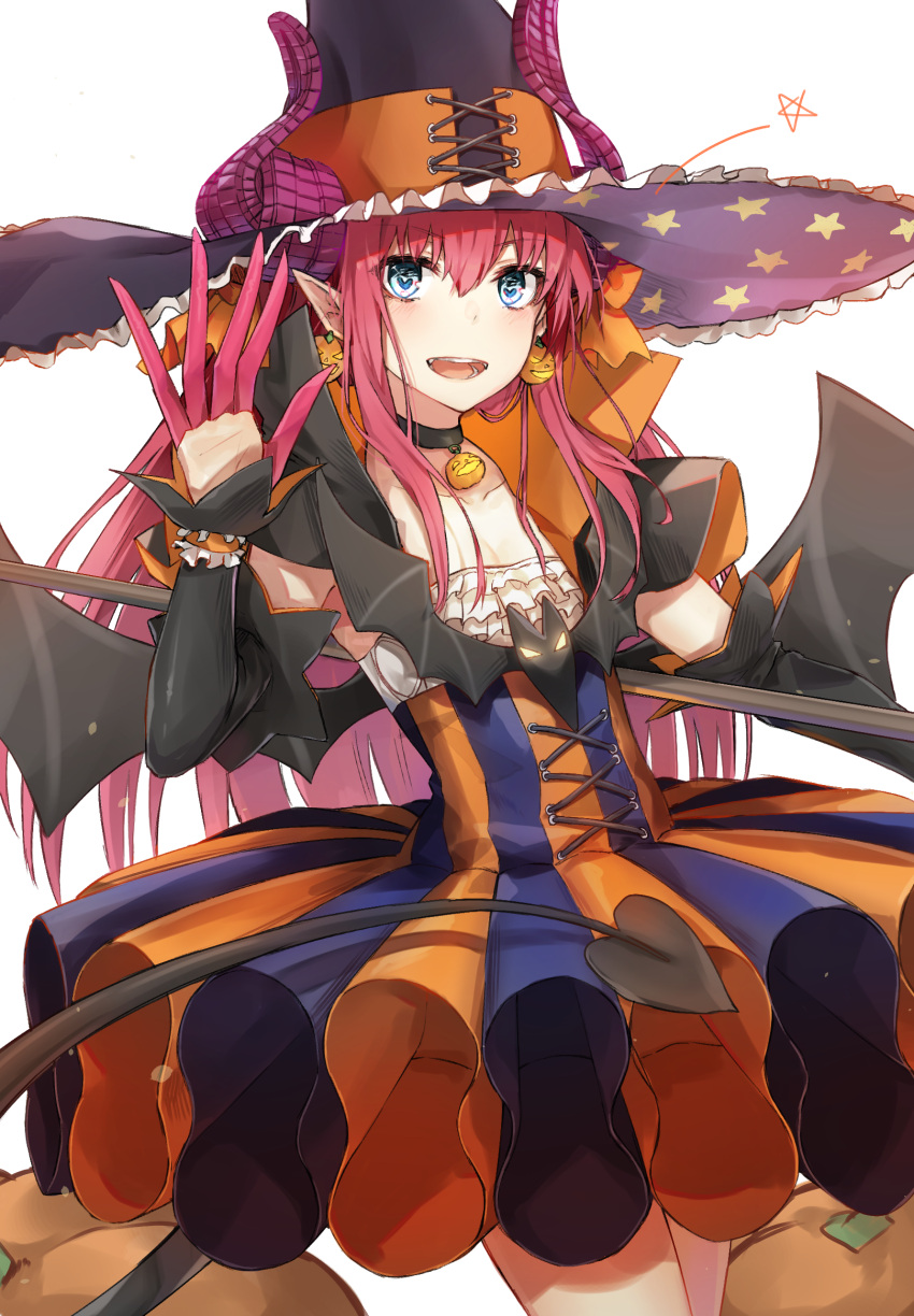 1girl :d bangs bat_wings black_choker black_cola black_hat black_wings blue_eyes choker collarbone commentary_request curled_horns demon_tail detached_sleeves dress earrings elizabeth_bathory_(fate)_(all) elizabeth_bathory_(halloween)_(fate) eyebrows_visible_through_hair fate/grand_order fate_(series) frilled_hat frills hair_between_eyes hand_up hat highres horns_through_headwear jack-o'-lantern jack-o'-lantern_earrings jewelry long_hair long_sleeves looking_at_viewer open_mouth pink_hair pointy_ears sidelocks smile solo star star_print strapless strapless_dress striped tail vertical-striped_dress vertical_stripes very_long_hair wings witch_hat