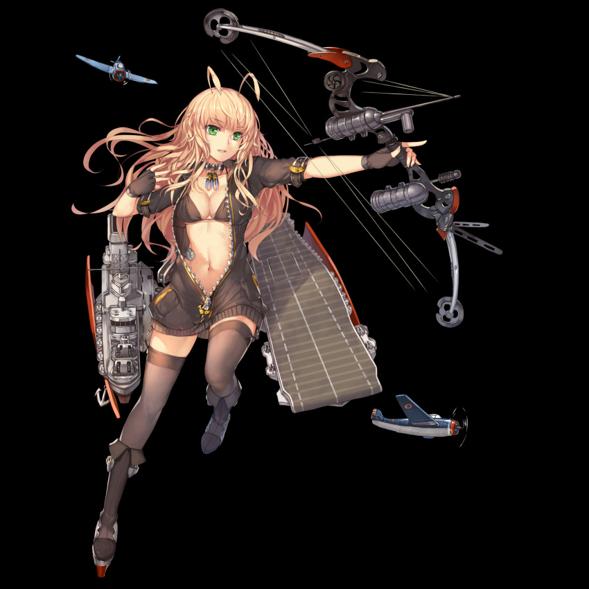 1girl aircraft airplane antennae azur_lane bangs bikini blonde_hair boots bow_(weapon) breasts commentary_request eyebrows_visible_through_hair fingerless_gloves flight_deck gloves green_eyes grey_bikini grey_footwear grey_gloves grey_legwear highres holding holding_bow_(weapon) holding_weapon jacket long_sleeves machinery medium_breasts navel official_art open_clothes open_jacket parted_lips smile solo standing standing_on_one_leg swimsuit thigh-highs unzipped wasp_(azur_lane) weapon weiyinji_xsk