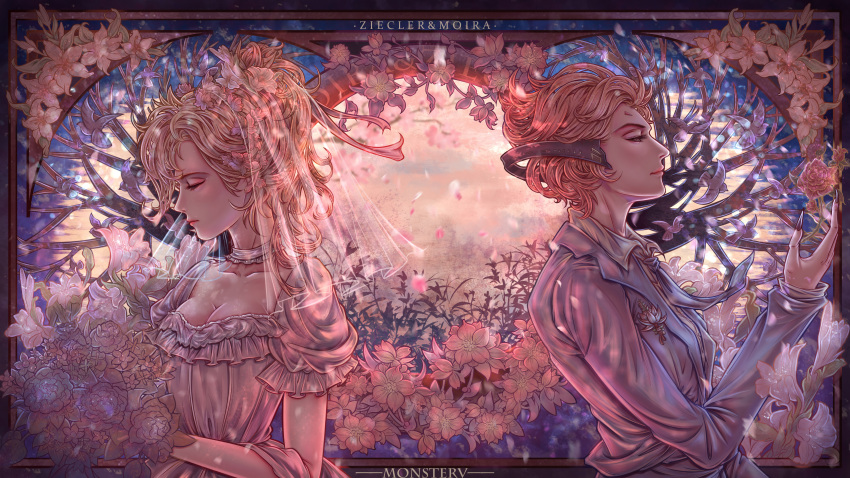 2girls absurdres blonde_hair breasts cleavage flower hair_flower hair_ornament highres long_hair mercy_(overwatch) moira_(overwatch) monsterv multiple_girls overwatch petals short_hair