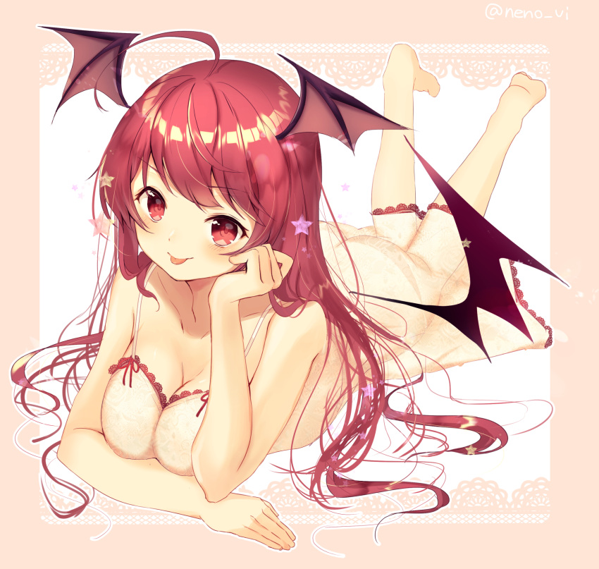 1girl ahoge alternate_costume arm_support ass bangs bare_arms bare_shoulders barefoot breasts cleavage eyebrows_visible_through_hair full_body head_wings highres koakuma large_breasts long_hair looking_at_viewer lying neno_(nenorium) nightgown on_stomach red_eyes redhead see-through shiny shiny_hair smile solo star tongue tongue_out touhou twitter_username