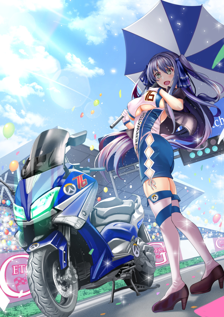 1girl :d ass balloon blue_hair blush breasts confetti gloves green_eyes ground_vehicle hasaya high_heels highres long_hair motor_vehicle motorcycle open_mouth original racequeen smile solo thigh-highs two_side_up umbrella under_boob very_long_hair white_gloves white_legwear