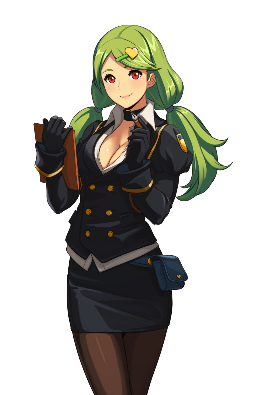 1girl black_jacket blush breasts brown_legwear cleavage clipboard closed_mouth cowboy_shot green_hair hair_ornament hairclip hands_up highres jacket juliet_sleeves jungon_kim large_breasts lips long_sleeves looking_at_viewer low_twintails original pantyhose pencil_skirt pouch puffy_sleeves red_eyes skirt smile solo twintails