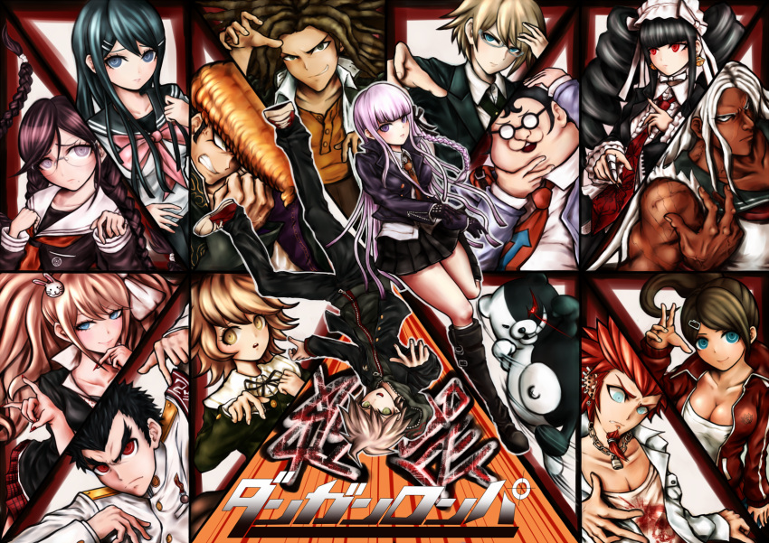 6+boys 6+girls ahoge asahina_aoi black_hair blonde_hair blue_hair breasts brown_hair celestia_ludenberck cleavage dangan_ronpa dangan_ronpa_1 enoshima_junko everyone fujisaki_chihiro fukawa_touko hagakure_yasuhiro highres ikusaba_mukuro ishimaru_kiyotaka kirigiri_kyouko kuwata_reon large_breasts long_hair maizono_sayaka medium_breasts monokuma multiple_boys multiple_girls muscle muscular_female naegi_makoto oogami_sakura oowada_mondo oyume purple_hair school_uniform short_hair spoilers togami_byakuya trap yamada_hifumi