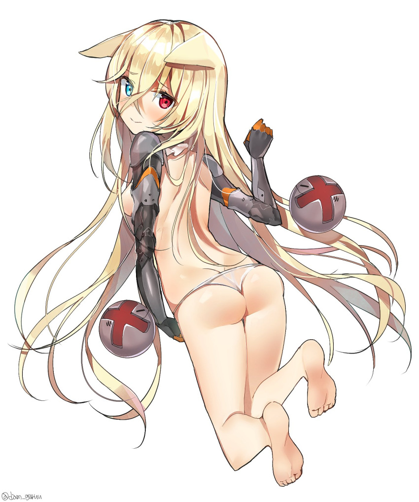 1girl ass bangs barefoot blonde_hair blue_eyes breasts crossed_bangs eyebrows_visible_through_hair fox_ears from_behind full_body g41_(girls_frontline) girls_frontline heterochromia highres kurut long_hair looking_at_viewer looking_back mechanical_arms panties prosthesis red_eyes sideboob simple_background small_breasts solo thighs topless underwear white_background white_panties