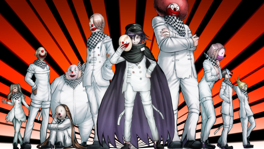 3girls 6+boys afro breasts cape checkered checkered_scarf cleavage clown clown_nose covered_face dangan_ronpa game_cg grin hand_on_hip hat highres holding komatsuzaki_rui long_hair looking_at_viewer mask multiple_boys multiple_girls new_dangan_ronpa_v3 official_art ouma_kokichi peaked_cap purple_hair redhead scarf short_hair smile spoilers straitjacket twintails violet_eyes