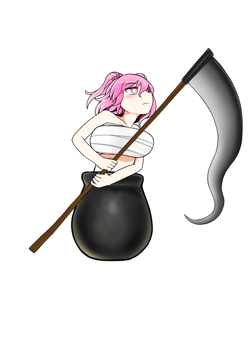 1girl :&lt; bare_arms bare_shoulders blush breasts collarbone commentary_request eyebrows_visible_through_hair getting_over_it hair_bobbles hair_ornament highres holding holding_scythe in_pot large_breasts looking_up midriff_peek onozuka_komachi parody pink_eyes pink_hair pot sarashi scythe short_hair solo touhou transparent_background two_side_up yassy