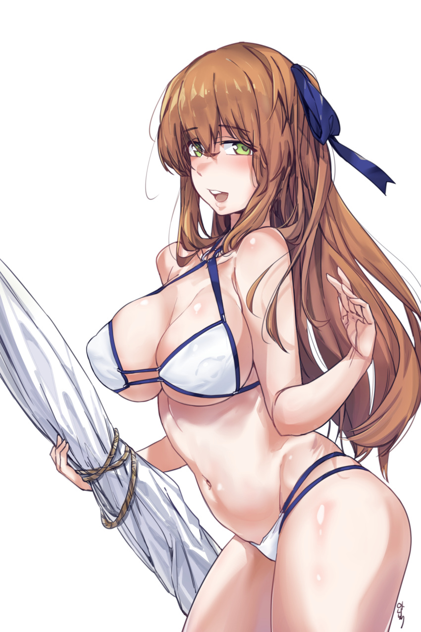 1girl absurdres aningay bad_anatomy bikini breasts brown_hair cleavage contrapposto cowboy_shot criss-cross_halter eyebrows_visible_through_hair from_side girls_frontline green_eyes hair_between_eyes hair_ribbon halterneck highres large_breasts leaning_forward long_hair m1903_springfield_(girls_frontline) navel o-ring_bikini o-ring_top open_mouth ribbon simple_background smile solo swimsuit white_background white_bikini