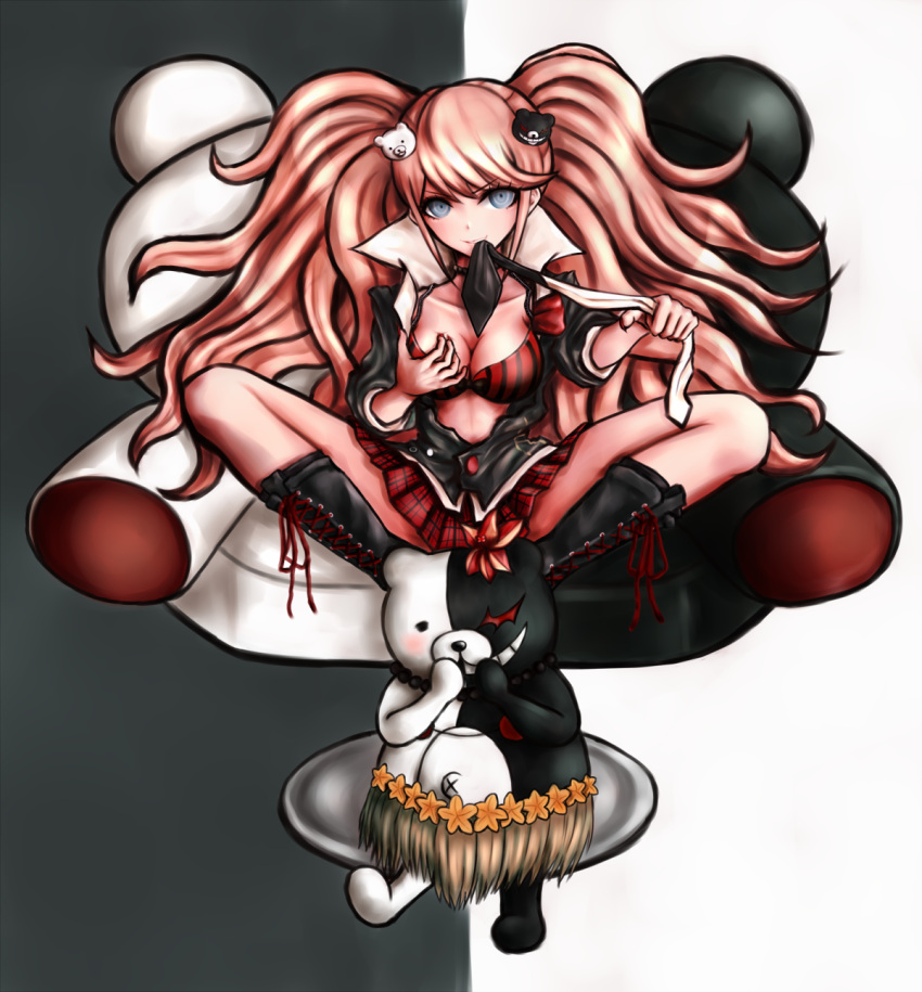 1girl bear_hair_ornament blue_eyes bow bra breasts dangan_ronpa dangan_ronpa_1 enoshima_junko hair_ornament highres long_hair looking_at_viewer medium_breasts monokuma necktie orange_hair oyume pleated_skirt shirt short_sleeves sitting skirt spoilers twintails underwear undressing