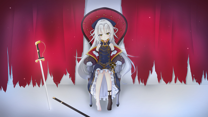 1girl aiguillette azur_lane bare_shoulders beret black_legwear blush breasts chair choker closed_mouth eyebrows_visible_through_hair fringe gloves hair_ornament half-closed_eyes hat head_tilt iron_cross knees_together_feet_apart long_hair looking_at_viewer military military_uniform mole mole_under_eye no_shoes noname open_mouth sheath silver_hair single_sock sitting sitting_on_object sleeveless small_breasts socks solo sword uniform very_long_hair weapon white_gloves yellow_eyes z46_(azur_lane)