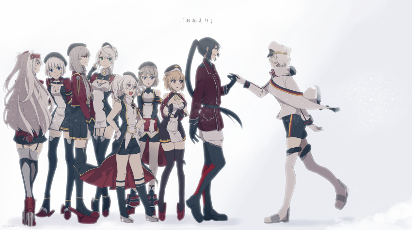 6+girls aqua_eyes azur_lane beret black_gloves black_hair black_legwear blonde_hair blue_eyes boots bow braid breasts cleavage cleavage_cutout eyebrows_visible_through_hair female_admiral_(azur_lane) garter_straps glasses gloves grey_legwear hair_bow hair_bun hair_ornament hands_on_hips hat highres iron_cross karlsruhe_(azur_lane) koln_(azur_lane) konigsberg_(azur_lane) leipzig_(azur_lane) long_hair long_sleeves low_twintails military military_uniform mole mole_under_eye mugino_kouji multiple_girls open_mouth original pink_eyes ponytail prinz_eugen_(azur_lane) red_eyes short_hair shorts side_ponytail silver_hair smile thigh-highs thigh_boots tirpitz_(azur_lane) twintails two_side_up uniform v_arms violet_eyes white_gloves white_hair white_legwear z1_leberecht_maass_(azur_lane) z23_(azur_lane)