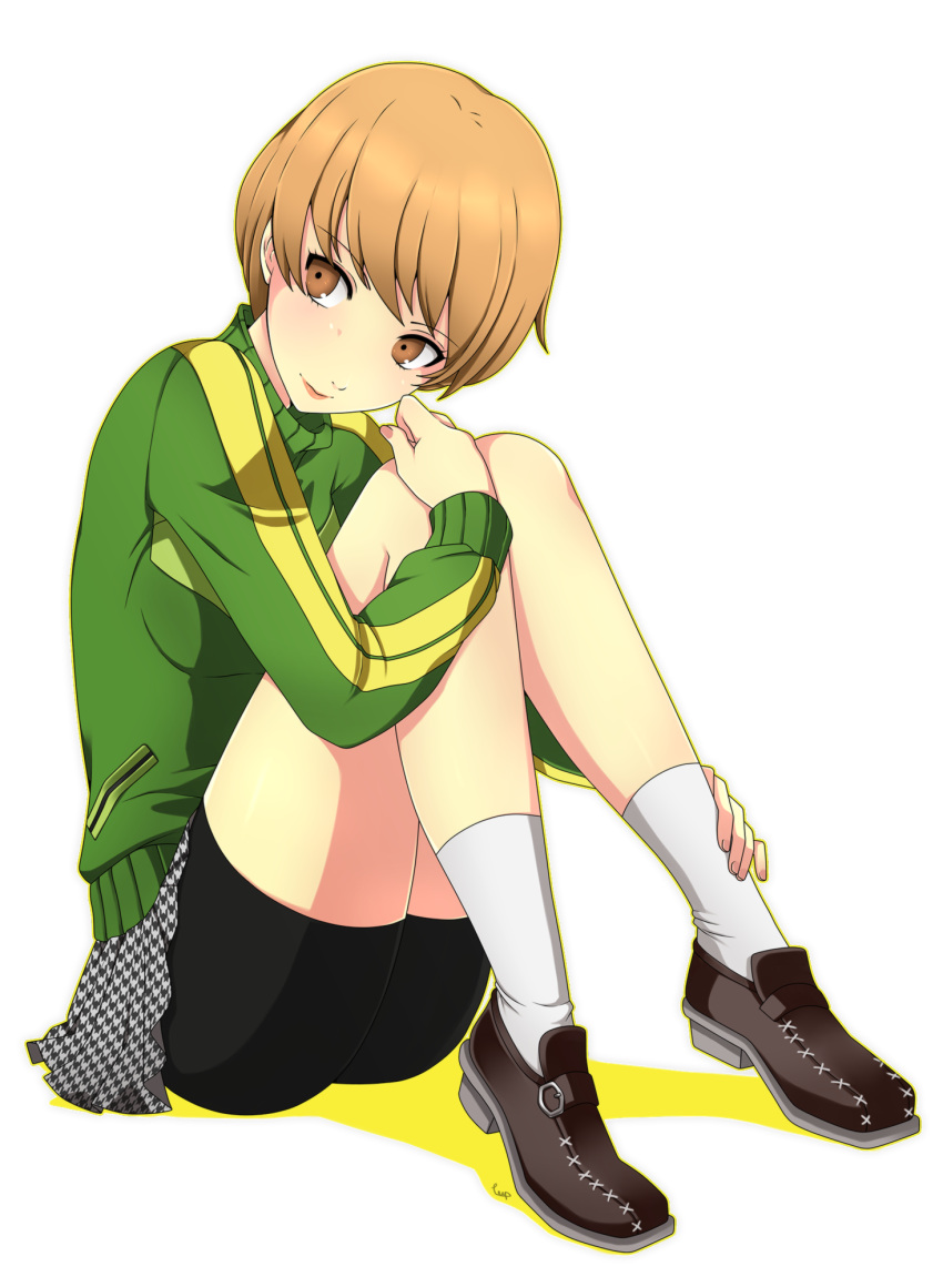 1girl bike_shorts breasts brown_eyes brown_hair green_jacket highres jacket lisvanpiece long_legs persona persona_4 satonaka_chie short_hair simple_background sitting socks solo track_jacket white_background