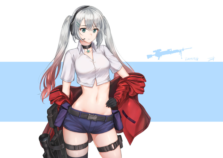 1girl absurdres baek_hyang black_gloves breasts choker commentary contrapposto cowboy_shot crop_top eyebrows_visible_through_hair girls_frontline gloves gradient_hair green_eyes hand_on_hip headset highres long_hair lwmmg_(girls_frontline) midriff multicolored_hair navel off_shoulder pink_hair short_shorts short_sleeves shorts silver_hair simple_background small_breasts smile solo thigh_strap twintails two-tone_hair very_long_hair