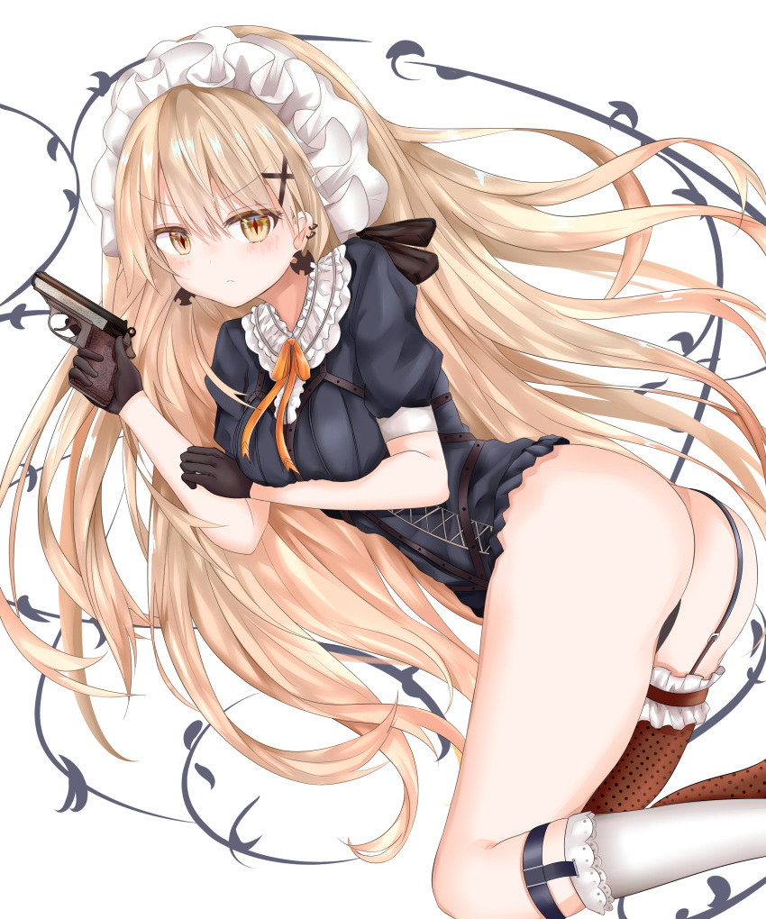 1girl absurdres ass asymmetrical_legwear black_gloves black_panties blonde_hair blush bow breasts closed_mouth dress earrings frills garter_straps girls_frontline gloves gun hair_ornament hairclip highres holding holding_gun holding_weapon jewelry lace-trimmed_legwear long_hair looking_at_viewer maid_headdress medium_breasts mismatched_legwear multiple_earrings orange_bow panties ppk_(girls_frontline) ribbon ru_zhai single_thighhigh skirt skirt_removed solo spotted_legwear strap symbol-shaped_pupils thigh-highs thighs underwear weapon white_legwear yellow_eyes