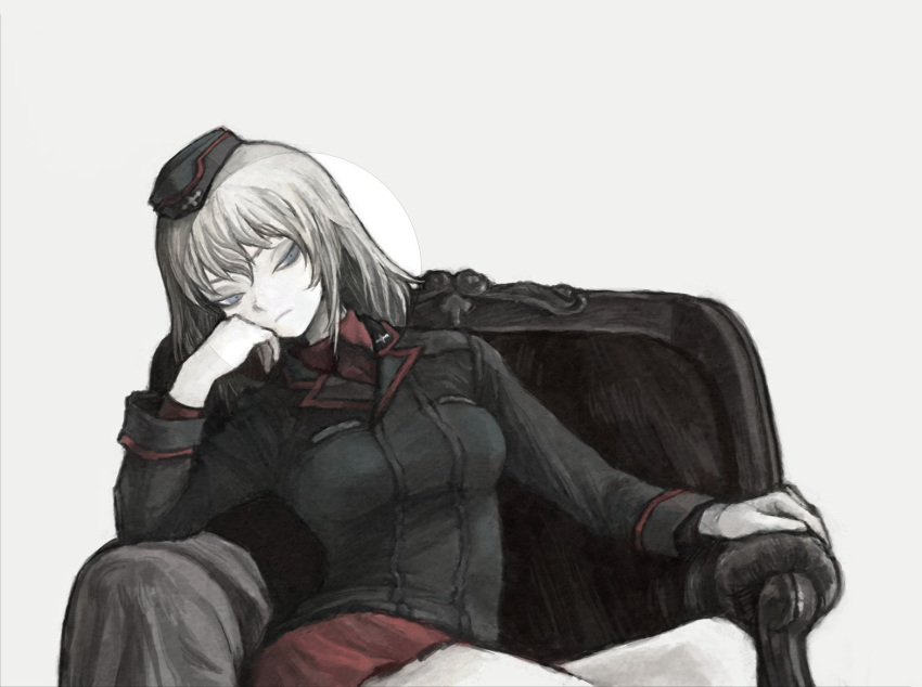 1girl arm_rest armchair ashitano_kirin bangs black_hat black_jacket blue_eyes breasts chair circle closed_mouth frown garrison_cap girls_und_panzer hair_between_eyes hat head_on_hand itsumi_erika jacket kuromorimine_military_uniform legs_crossed limited_palette long_hair long_sleeves medium_breasts military military_hat military_uniform muted_color red_shirt red_skirt serious shirt silver_hair simple_background sitting skirt solo uniform