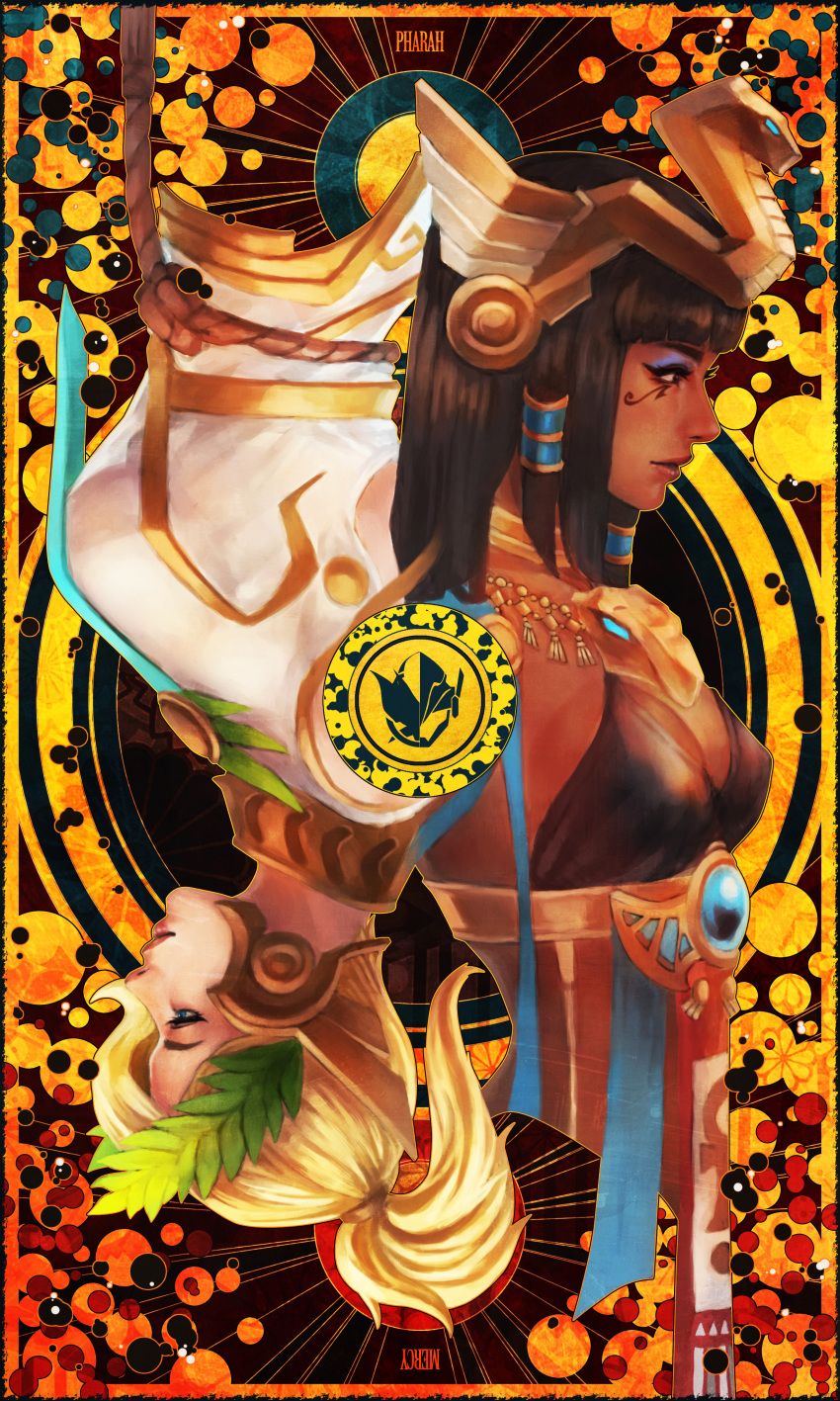 2girls absurdres asp_pharah black_hair blonde_hair breasts cleavage dark_skin egyptian_clothes facial_tattoo highres mercy_(overwatch) monori_rogue multiple_girls overwatch pharah_(overwatch) smile tattoo tiara winged_victory_mercy