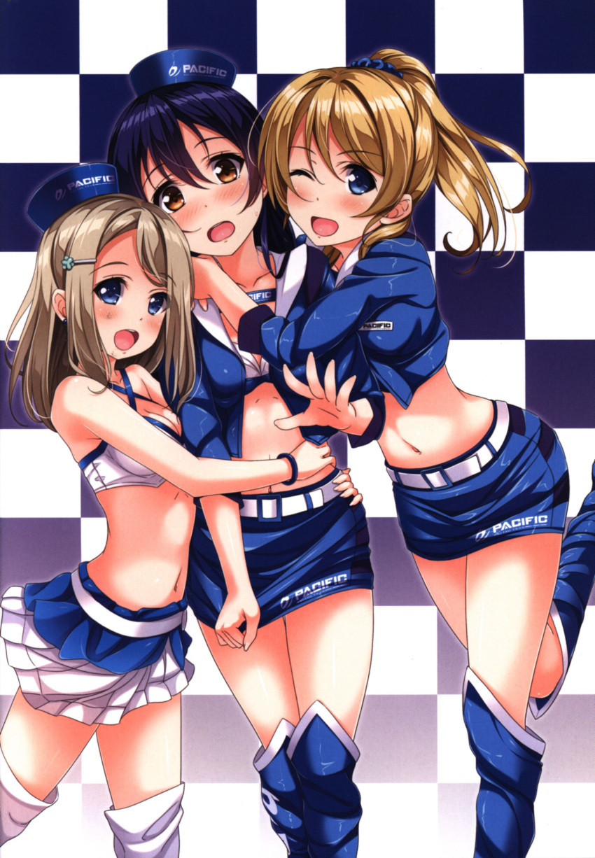 3girls ayase_arisa ayase_eli bangs blonde_hair blue_eyes blue_hair blue_skirt blush boots checkered checkered_background earrings eyebrows_visible_through_hair hair_between_eyes hair_ornament hairclip hand_on_another's_hip hand_on_another's_shoulder hat highres hino_minato_(spec.c) hug jewelry leg_up long_hair looking_at_viewer love_live! love_live!_school_idol_project multiple_girls navel one_eye_closed open_mouth ponytail sandwiched scan scrunchie skirt skirt_tug sonoda_umi thigh-highs thigh_boots yellow_eyes