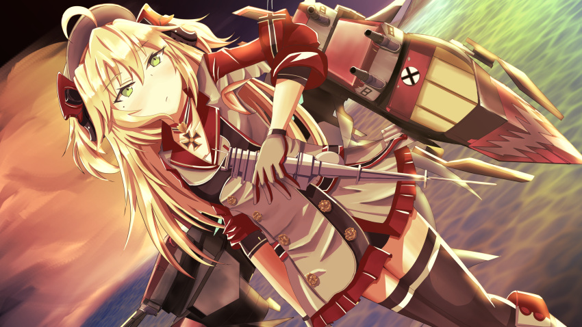 1girl admiral_hipper_(azur_lane) ahoge armband armpit_cutout armpits azur_lane bangs blonde_hair blush breasts cannons choker clouds cloudy_sky collarbone evening eyebrows_visible_through_hair floating_hair gloves green_eyes grey_legwear hair_between_eyes hair_ornament half-closed_eyes hat headgear highres holding holding_weapon iron_cross jacket kogaciel long_hair looking_at_viewer looking_away machinery military military_uniform miniskirt mole mole_under_eye ocean open_mouth pleated_skirt red_skirt sidelocks skirt sky sleeves_folded_up small_breasts solo standing standing_on_liquid thigh-highs thighs tsundere tsurime turrets two_side_up uniform water weapon zettai_ryouiki