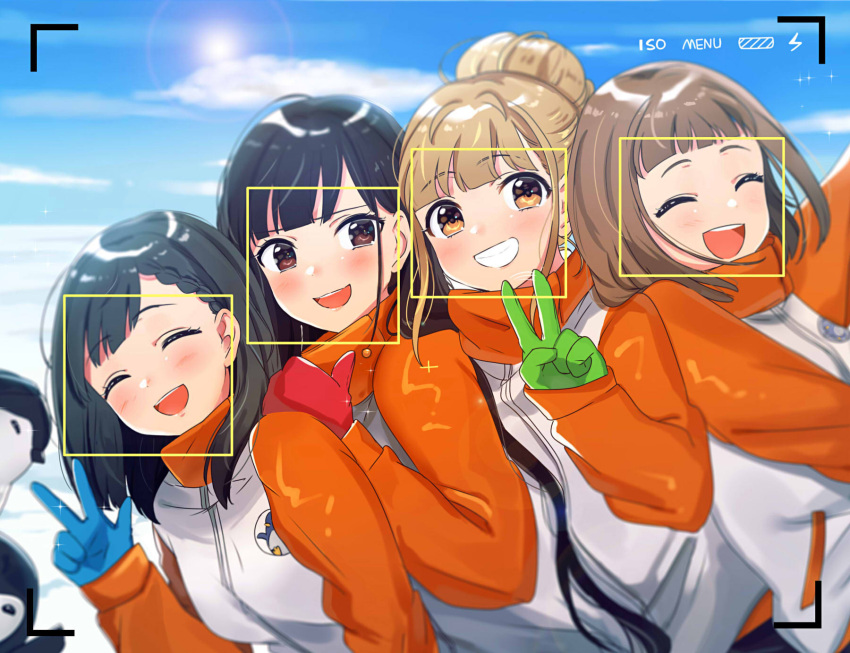 4girls bangs bird black_hair blue_gloves blunt_bangs blurry braid brown_eyes brown_hair depth_of_field eyebrows_visible_through_hair facial_recognition gloves green_gloves grin hair_bun highres jacket kobuchizawa_shirase long_hair miyake_hinata multiple_girls penguin pointing red_gloves self_shot shiraishi_yuzuki side_braid smile snow sora_yori_mo_tooi_basho tamaki_mari tomato_omurice_melon upper_body v viewfinder w |d