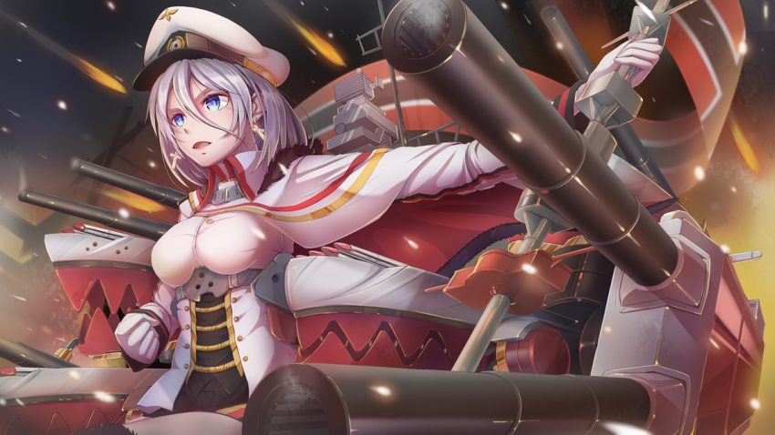 1girl action aiguillette azur_lane banner blue_eyes boots breasts cannons cape cleavage clenched_hand collared_jacket cross cross_earrings earrings flag fur-trimmed_boots fur-trimmed_cape fur_trim gloves hair_between_eyes hat holding holding_pole imo_bouya jacket jewelry large_breasts light_particles looking_afar machinery military military_uniform norwegian_flag open_mouth outstretched_arm peaked_cap pencil_skirt rigging short_hair silver_hair skirt smoke_trail solo thigh-highs thigh_boots thighs tirpitz_(azur_lane) turrets underbust uniform white_gloves