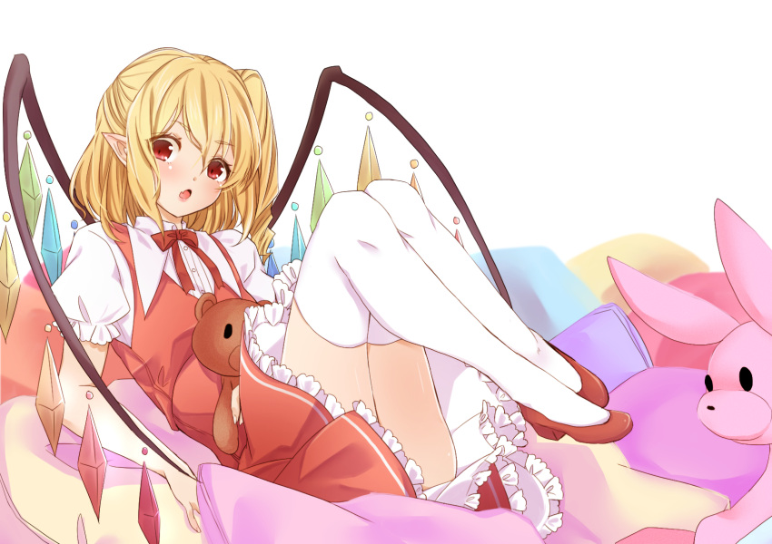 1girl :o bangs blonde_hair eyebrows_visible_through_hair fang flandre_scarlet full_body highres knees_up long_hair looking_at_viewer lying neck_ribbon on_back pointy_ears puffy_short_sleeves puffy_sleeves red_eyes red_footwear red_neckwear red_ribbon red_skirt ribbon shoes short_sleeves simple_background skirt solo stuffed_animal stuffed_bunny stuffed_toy teddy_bear thigh-highs touhou white_background white_legwear wings yukina_(masyumaro610)
