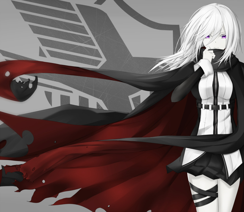 1girl azur_lane bangs belt breasts cape closed_mouth enterprise_(azur_lane) eternity_(pixiv8012826) expressionless eyebrows_visible_through_hair hair_between_eyes highres jacket large_breasts legs_together limited_palette long_hair looking_at_viewer miniskirt necktie pleated_skirt scarf serious shirt skindentation skirt solo standing thigh_strap thighs torn_cape tsurime very_long_hair violet_eyes wind wind_lift
