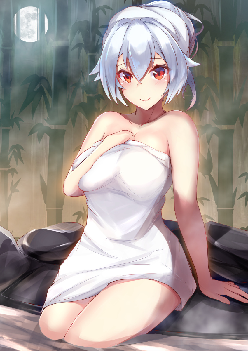 absurdres arm_support bamboo blush breasts closed_mouth commentary_request eyebrows_visible_through_hair fate/grand_order fate_(series) full_moon hand_on_own_chest highres large_breasts legs_together looking_at_viewer moon naked_towel nanakaku night onsen outdoors red_eyes rock silver_hair sitting smile soaking_feet steam tomoe_gozen_(fate/grand_order) towel towel_on_head water white_towel