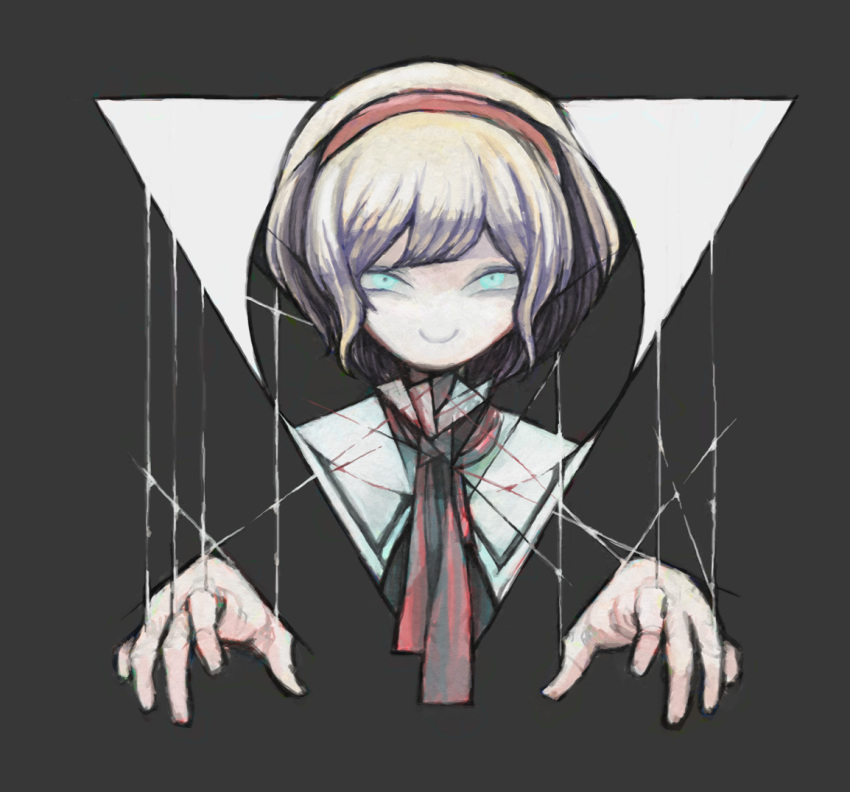 1girl abstract alice_margatroid ascot ashitano_kirin bangs blonde_hair blue_eyes capelet circle closed_mouth disembodied_limb hairband hands looking_at_viewer no_nose portrait red_neckwear short_hair simple_background smile solo touhou triangle