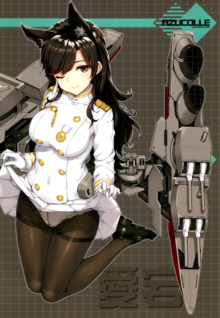 1girl ;&lt; animal_ears atago_(azur_lane) azur_lane bangs bent_knees black_footwear black_hair black_legwear blush breasts brown_eyes buttons closed_mouth cosplay gloves gold_buttons gusset highres large_breasts long_hair looking_at_viewer machinery medal military military_uniform miniskirt mole mole_under_eye naval_uniform one_eye_closed panties panties_under_pantyhose pantyhose pleated_skirt ribbon sarong sarong_lift skirt skirt_lift solo swept_bangs takayaki thigh-highs underwear uniform white_gloves white_panties white_ribbon