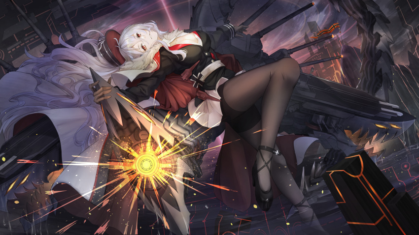 1girl azur_lane bangs black_footwear black_gloves black_legwear bra breasts cannons cape charging_(attack) cleavage clouds collarbone dusk eyebrows_visible_through_hair firing flag flagpole floating_hair fur-trimmed_cape fur_trim german gloves graf_zeppelin_(azur_lane) hair_between_eyes half-closed_eyes hat head_tilt high_heels highres iron_cross koroneko_p0w0q large_breasts light_particles long_hair looking_at_viewer machinery military military_uniform one_leg_raised pantyhose parted_lips peaked_cap red_eyes reflection rigging ripples sash sidelocks silver_hair skirt sky smile solo standing_in_water star_(sky) starry_sky turrets underwear uniform