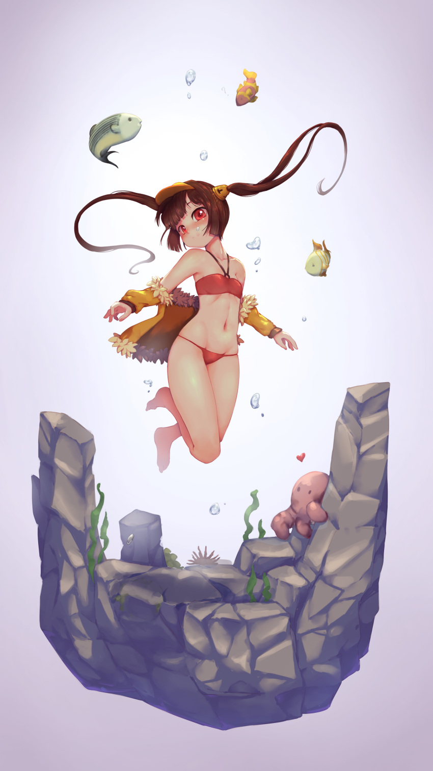 1girl ? absurdres air_bubble animal azur_lane bandeau bare_shoulders bikini blush brown_hair bubble closed_mouth collarbone commentary fish fish_request fur-trimmed_jacket fur_trim hair_ornament hairpin halter_top halterneck heart highres jacket long_hair long_sleeves o-ring octopus off_shoulder ping_hai_(azur_lane) red_bikini red_eyes rock rou_(rou22) solo swimsuit twintails underwater very_long_hair visor_cap yellow_jacket